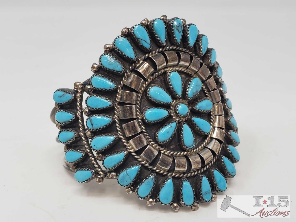 Unique Artist Marked Large Sterling Silver Cuff Bracelet Turquoise Stones