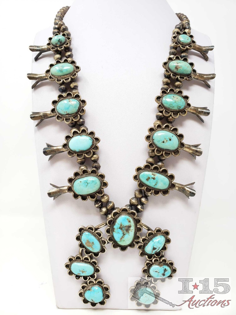 Huge Vintage Sterling Silver Turquoise Squash Blossom W/ Beautiful Large Turquoise Stones, 201.1g