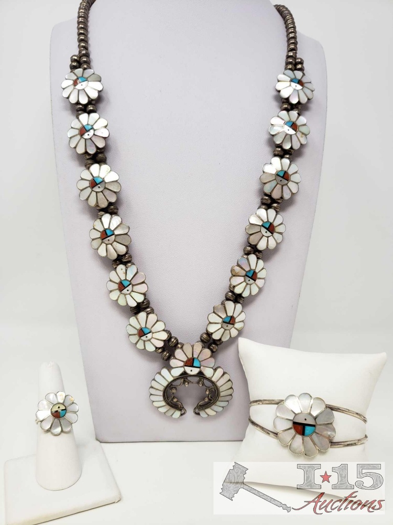 A. Gasper INTRICATE!! VINTAGE ZUNI TURQUOISE CORAL STERLING SILVER SQUASH BLOSSOM NECKLACE SET