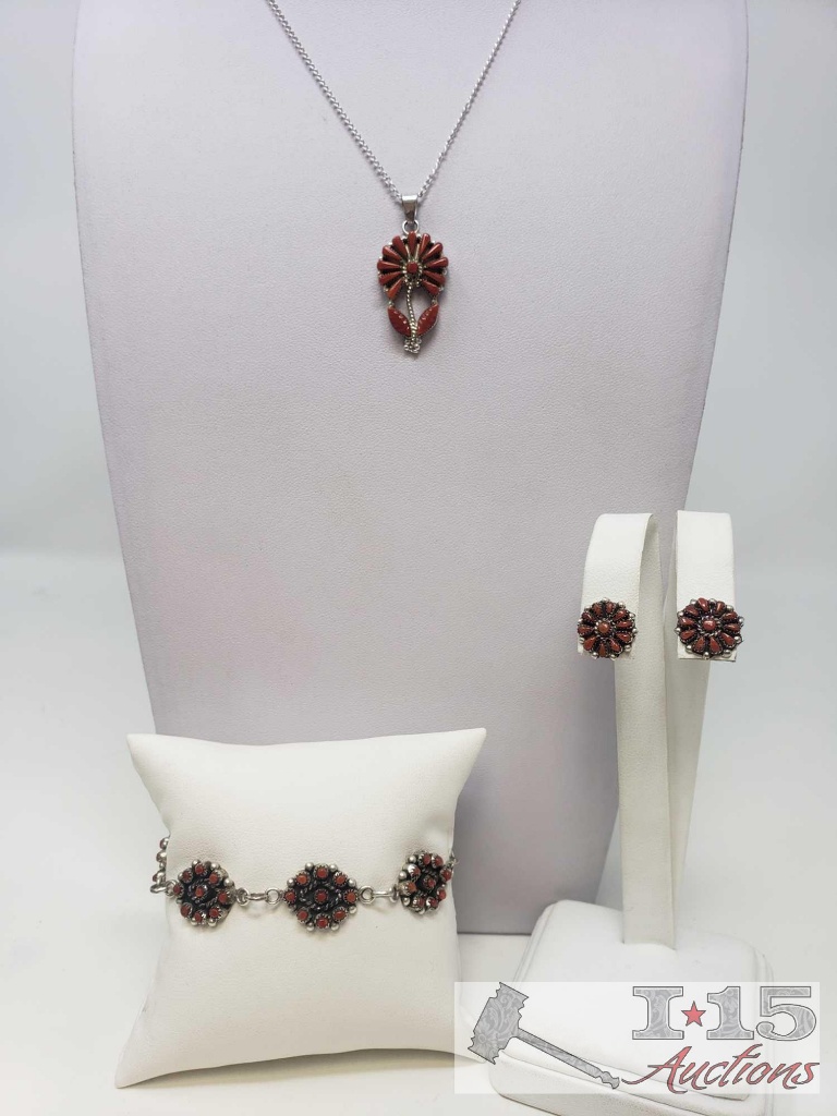 Sterling Silver Coral Necklace, Bracelet and Earring Set