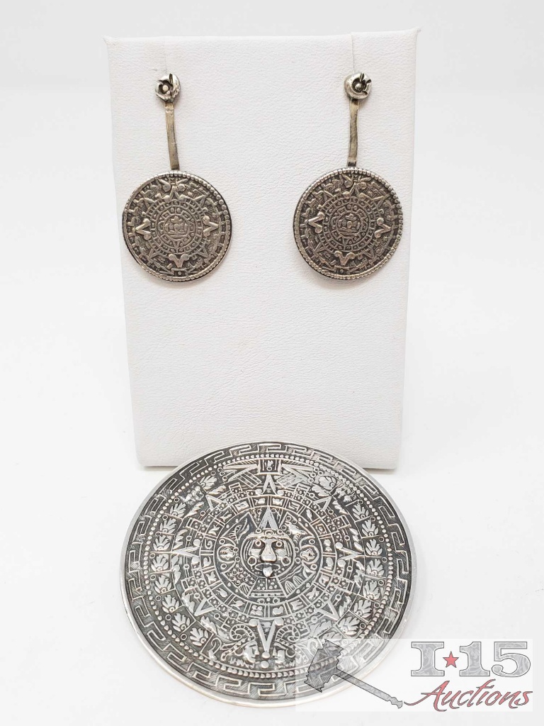 Sterling Silver Earrings and Pin, 33.4g