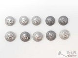(10) German WWII Nazi Silver Waffen SS Uniform Skull Buttons
