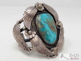 One of a Kind Rare Large Sterling silver Cuff Bracelet with large Turquoise Stone Marked By Artist