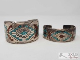 Two Southwestern Silver Chip Inlay Bracelet Signed and Marked by Artist set in Sterling Silver