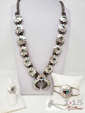 A. Gasper INTRICATE!! VINTAGE ZUNI TURQUOISE CORAL STERLING SILVER SQUASH BLOSSOM NECKLACE SET