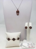 Sterling Silver Coral Necklace, Bracelet and Earring Set
