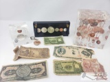 Canadian Coins Set in Acrylic and Foreign Paper Money