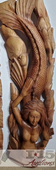 42" Tall Wood Carvings Mermaid wooden wall decor Excellent details on the face.