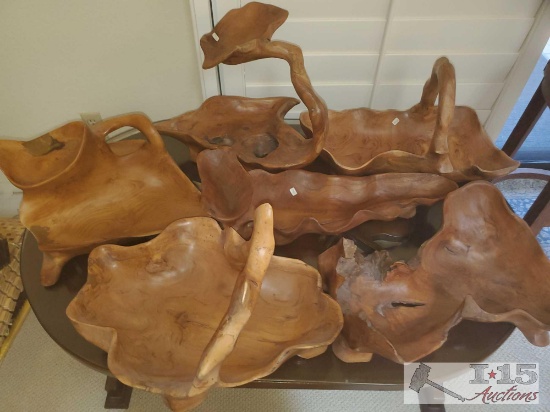 Six Assorted Wooden Serving Bowls Hand Carved out of Teak