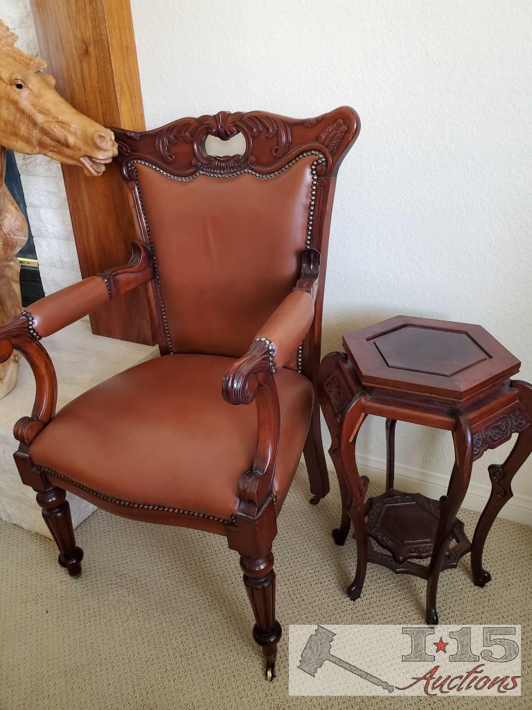Wood and Leather Chair on Wheels with End Table