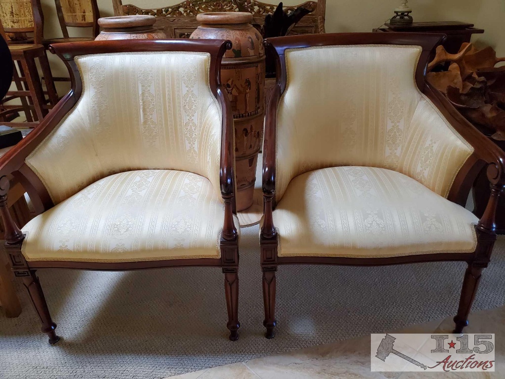 Two Italian design, red mahogany Yellow and White textile cushions, Accent Chairs
