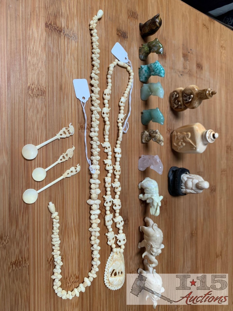 Bone snuff bottles, elephant, dolphin and more