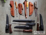 8 Fixed Blade Knives with Leather or Plastic Sheaths, Includes Buck, Dawson, and More
