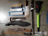 6 Large Fixed Blade Knives, M-Tech Hatchet, and 3 Sharpening Stones