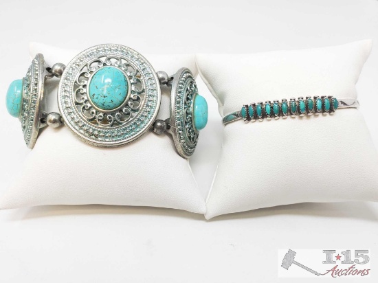 Native American Sterling Silver and Turquoise Cuff Sold Along Side Costume Bracelet, 78g