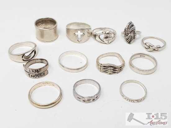 13 Sterling Silver Rings 60g