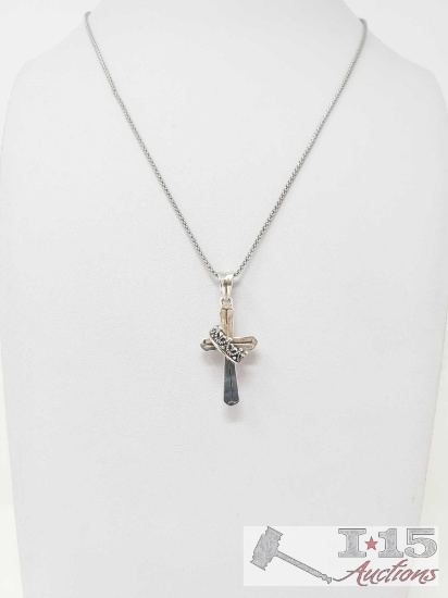 Sterling Silver Cross Pendant with Crown Necklace, 9.5g