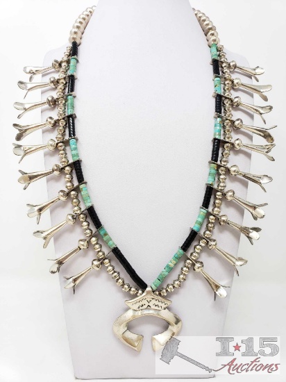 RARE! VINTAGE NAVAJO TURQUOISE HEISHI STERLING SILVER SQUASH BLOSSOM NECKLACE