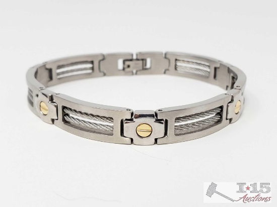 Beautiful stainless steel bracelet with 14K gold button inlays, 27.6g