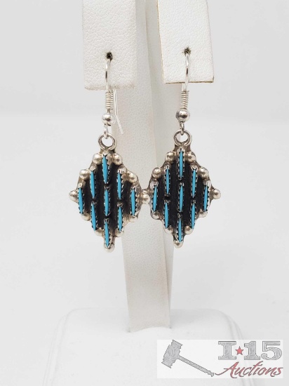 Artist hand stamped sterling silver earrings with Navajo turquoise stones 6.3g