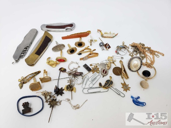 Assorted Cufflinks, Tie Pins, Pocket Knives, Earrings and More