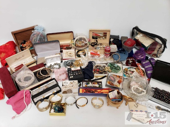 Box of Misc Costume Jewelry, Jewelry Boxes and More