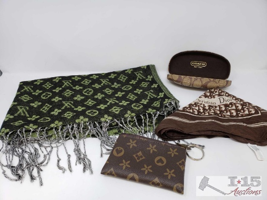 Designer Louis Vuitton Pashmina, Christian Dior Bandana, Coach Sunglasses Case and Coin Purse