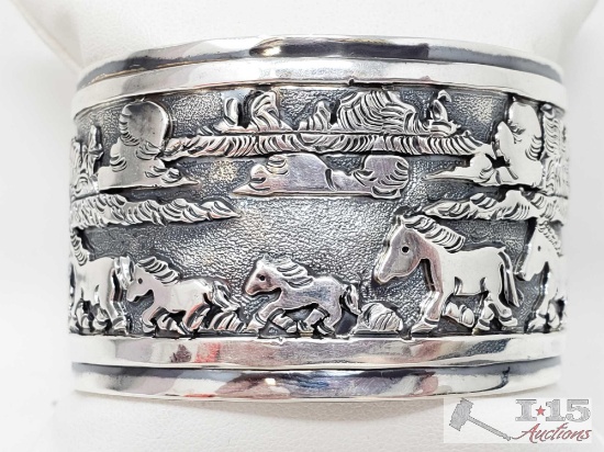 Signed by Artist Randy Billy Inside & Out Double Story Teller Sterling Silver Cuff Bracelet , 106.4g
