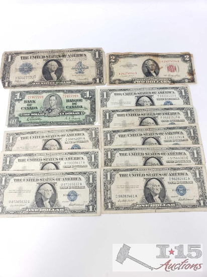 Eight Blue Seal $1 Bills, Blue Seal Silver Dollar Bill and $2 Red Seal Bill