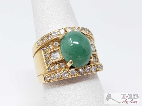 14k Huge Cocktail Gold Diamond Ring with Large Jade Center Stone, 11.5g