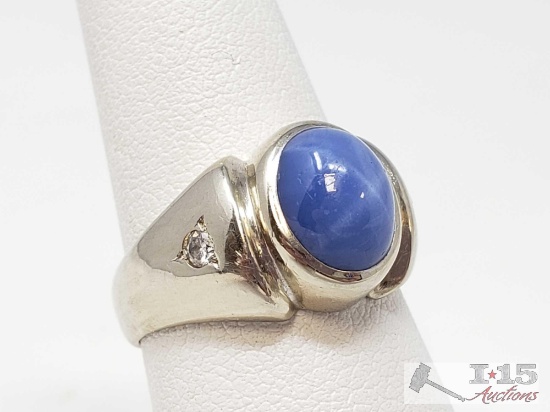 14k White Gold Ring with Large Blue Lindy Star Stone with Accent Diamonds, 7.8g