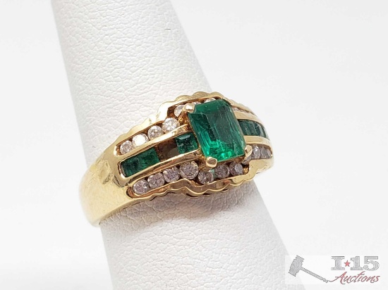 14kt Gold Ring with Emerald Stones and Accent Diamonds