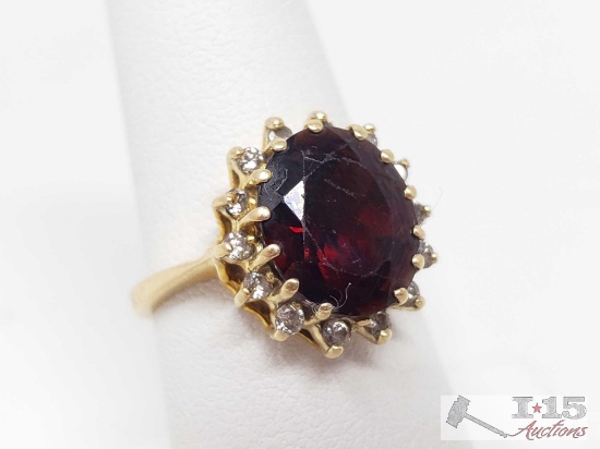 14k Gold Ring with Garnet Center Stone and Accent Diamonds, 3.9g