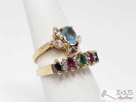 Two 14k Gold Rings with Accent Diamonds and Multi Gemstones 6.8g