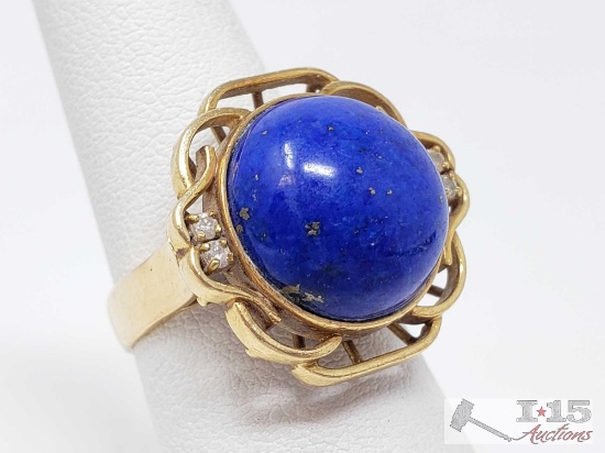 14k Gold Ring with Large Lapis Lazuli and Accent Diamonds, 7.6g