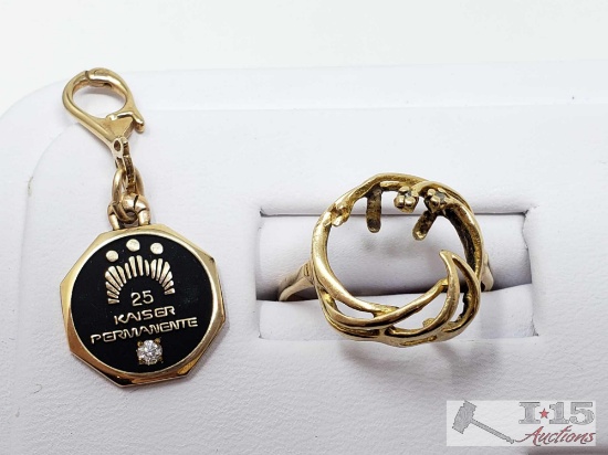 14k Gold Ring with Diamonds and Kaiser Charm with Diamond, 6.9g