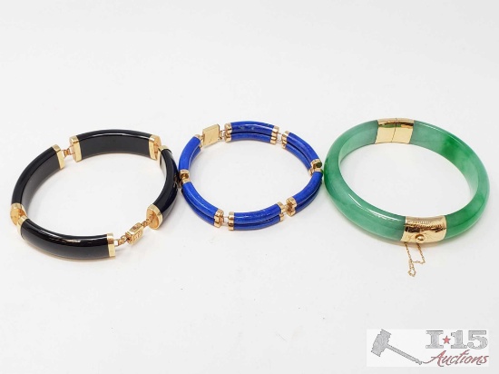 Three 14k Gold Bracelets with Asian Influence Made Out of Onyx and Jade , 97.3