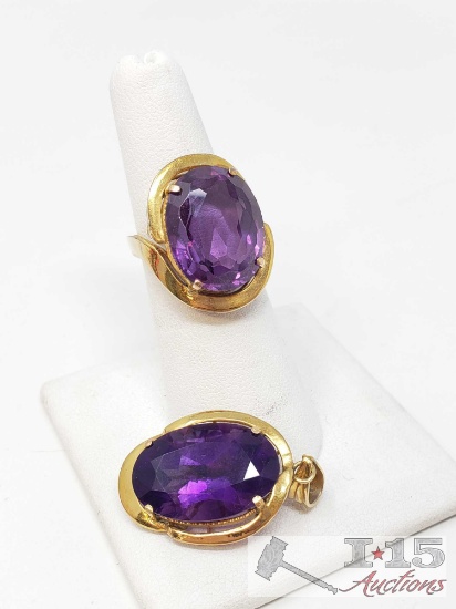 14k Gold Ring with Man Made Alexandrite and Pendant with Authentic Large Amethyst Stone 12.7g