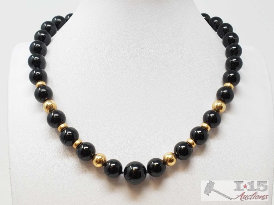 14k Gold Necklace with Black Onyx Beads 73g