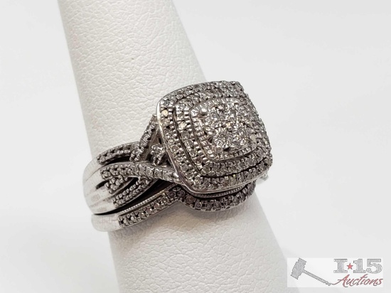 Sterling Silver Diamond Ring with Matching Band, 6.2g