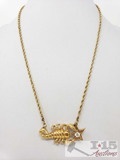 14k Gold Necklace with Scorpion Pendent and Diamond, 32g