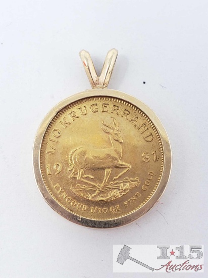 14k Gold Krugerrand Coin Pendent, 4.5g