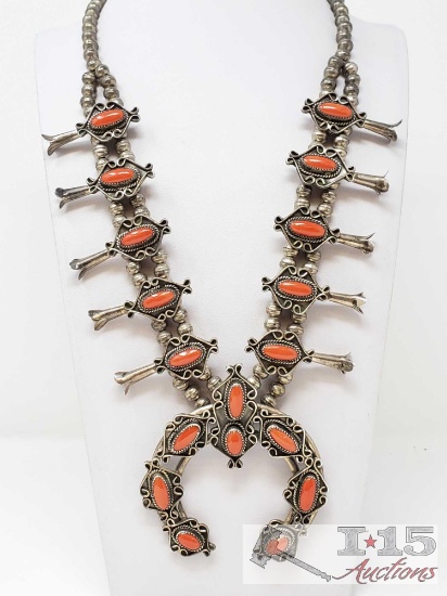 Vintage Navajo Large & Heavy Sterling Silver and Blood Red Coral Squash Blossom Necklace