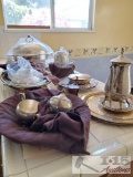 Silver plated serving trays, tea set, chafing dishes and bed warmer with coal burner!