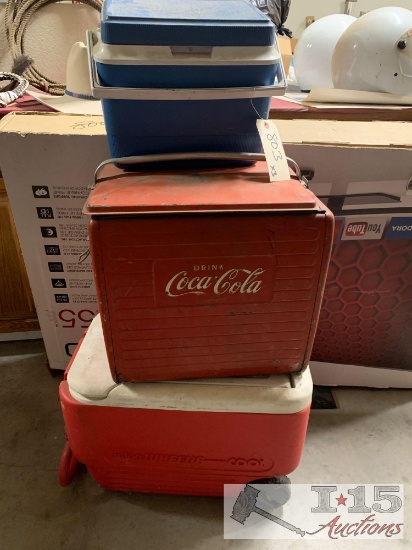 Vintage Coca Cola cooler and 2 more ice chests