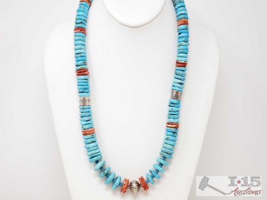 Gorgeous Hand Beaded Native American Turqouse, Spiny Oyster and Sterling Necklace