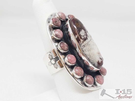 Unique Native American Sterling Ring w/Large White Bufflo Stone Surrounded by Pink Turquoise Stones