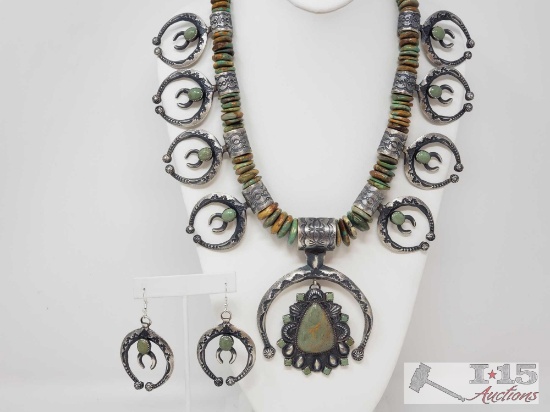 IMPORTANT Native American Sterling Silver Squash Blossom Set with Amazing Green Turqouse 391.8g