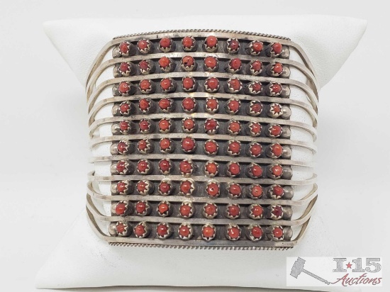 Zuni 10 Row Handmade Sterling Silver Coral Bracelet -S. Livingston Bracelet
