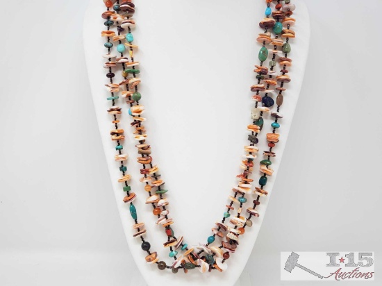 Colorful 3 Strand Sterling Silver Native American Spiny Oyster, Turquoise and Heishi Necklace